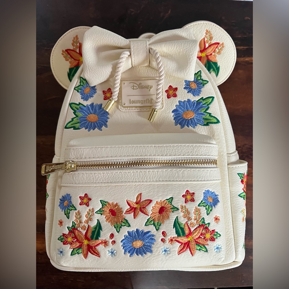 Embroidered Loungefly Disney Minnie Mouse Floral Bow Cream Mini Backpack